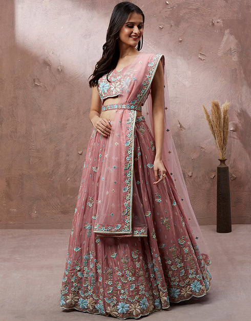 Designer Weadding Wear Heavy Lehenga Choli Collection Coral Poly Georgette Lehenga Choli Close-up View