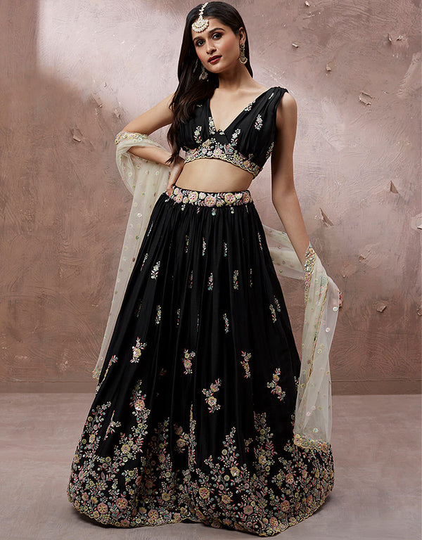 Designer Weadding Wear Heavy Lehenga Choli Collection Black Poly Georgette Lehenga Choli Front View