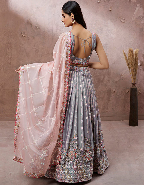 Designer Weadding Wear Heavy Lehenga Choli Collection Turquoise Blue Poly Georgette Lehenga Choli Back View