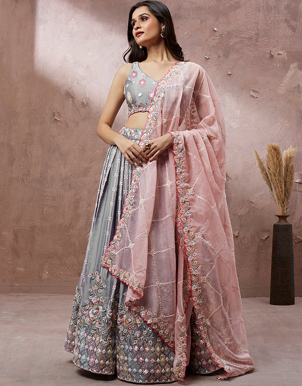 Designer Weadding Wear Heavy Lehenga Choli Collection Grey Poly Georgette Lehenga Choli Front View