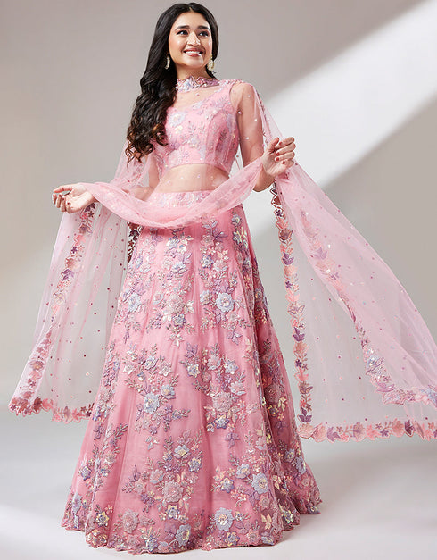 Designer Wedding Party Wear Heavy Lehenga Choli Collection Pink Net Lehenga Choli Close-up View