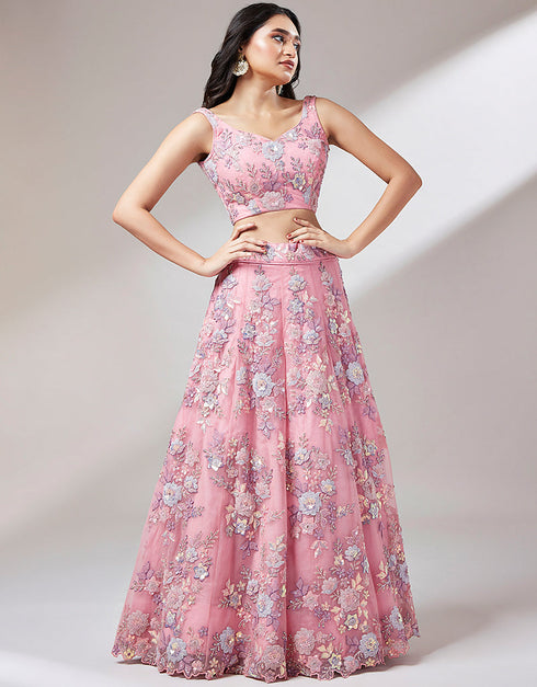 Designer Wedding Party Wear Heavy Lehenga Choli Collection Pink Net Lehenga Choli Back View