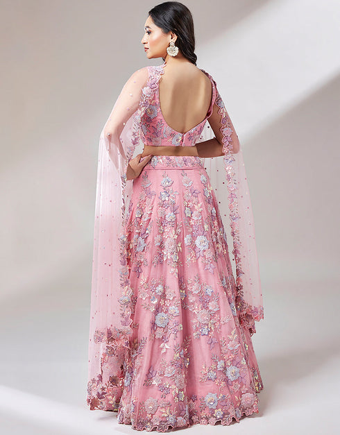 Designer Wedding Party Wear Heavy Lehenga Choli Collection Pink Net Lehenga Choli Front View