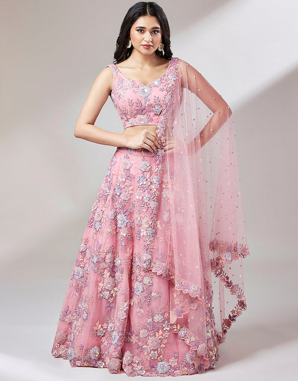 Designer Wedding Party Wear Heavy Lehenga Choli Collection Pink Net Lehenga Choli Front View