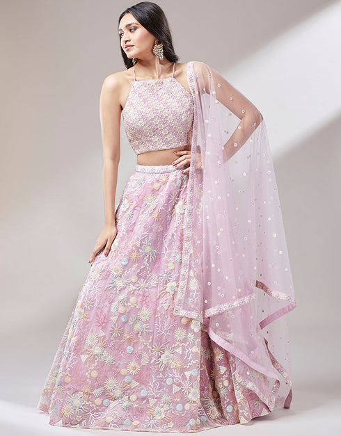 Designer Wedding Party Wear Heavy Lehenga Choli Collection Coral Net Lehenga Choli Close-up View