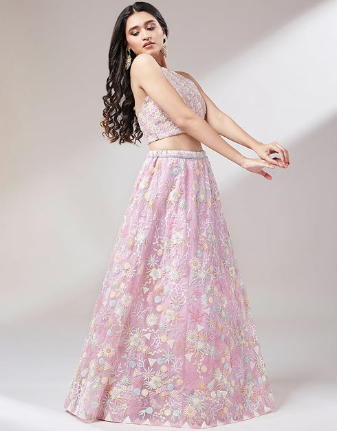 Designer Wedding Party Wear Heavy Lehenga Choli Collection Coral Net Lehenga Choli Back View