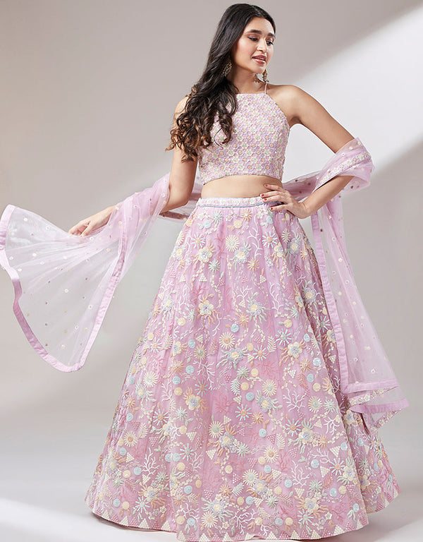 Designer Wedding Party Wear Heavy Lehenga Choli Collection Coral Net Lehenga Choli Front View