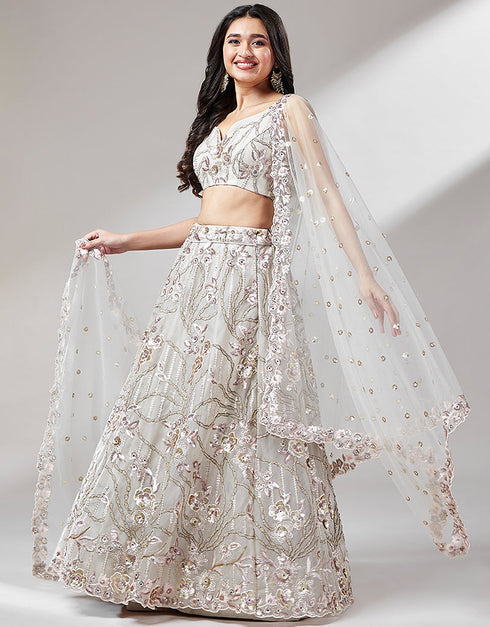 Designer Wedding Party Wear Heavy Lehenga Choli Collection Grey Net Lehenga Choli Close-up View