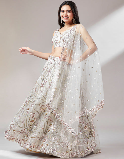 Designer Wedding Party Wear Heavy Lehenga Choli Collection Grey Net Lehenga Choli Front View