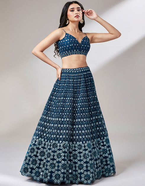 Designer Wedding Party Wear Heavy Lehenga Choli Collection Navy Bule Net Lehenga Choli Back View