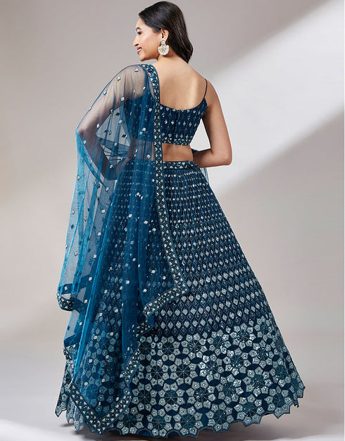 Designer Wedding Party Wear Heavy Lehenga Choli Collection Navy Bule Net Lehenga Choli Front View