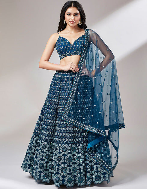 Designer Wedding Party Wear Heavy Lehenga Choli Collection Navy Bule Net Lehenga Choli Front View