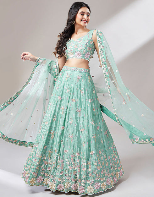Designer Wedding Party Wear Heavy Lehenga Choli Collection Sea Green Net Lehenga Choli Close-up View