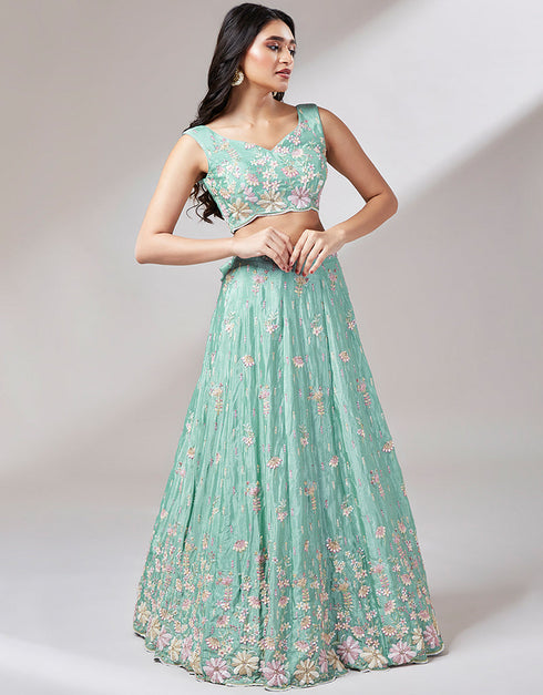 Designer Wedding Party Wear Heavy Lehenga Choli Collection Sea Green Net Lehenga Choli Back View