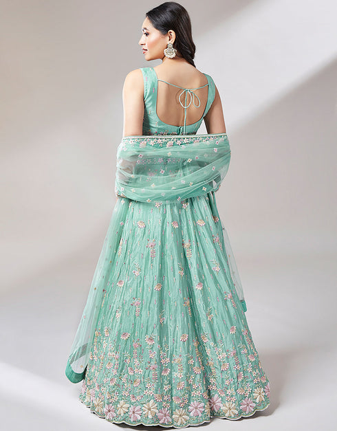 Designer Wedding Party Wear Heavy Lehenga Choli Collection Sea Green Net Lehenga Choli Front View