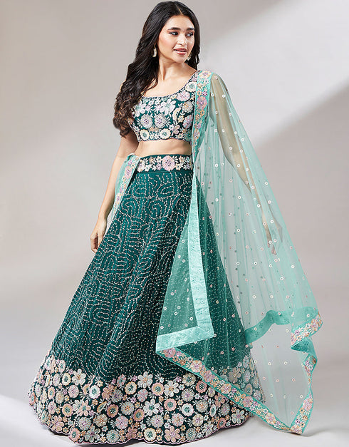 Designer Wedding Party Wear Heavy Lehenga Choli Collection Teal Green Poly Georgette Lehenga Choli Close-up View