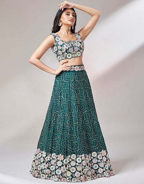 Designer Wedding Party Wear Heavy Lehenga Choli Collection Teal Green Poly Georgette Lehenga Choli Back View