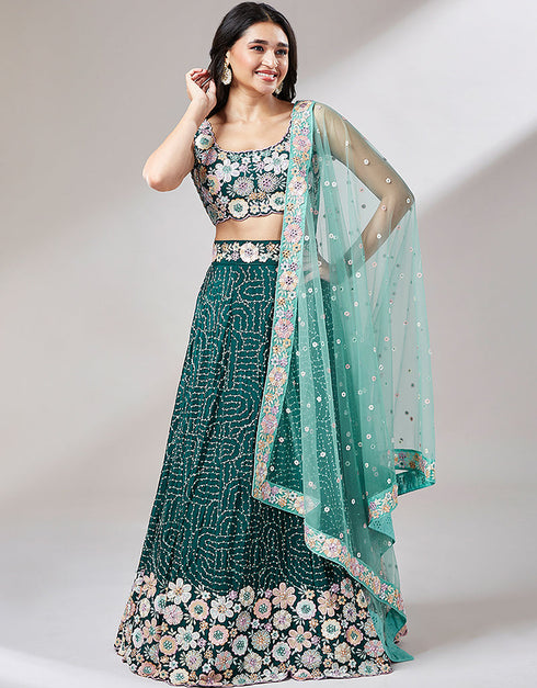 Designer Wedding Party Wear Heavy Lehenga Choli Collection Teal Green Poly Georgette Lehenga Choli Front View