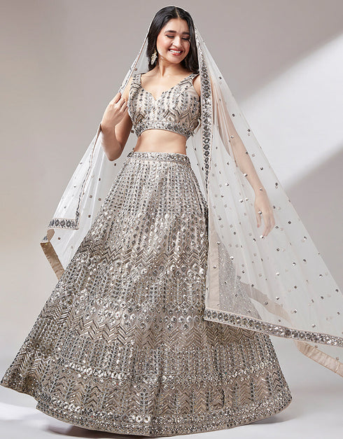 Designer Wedding Party Wear Heavy Lehenga Choli Collection Beige Net Lehenga Choli Close-up View