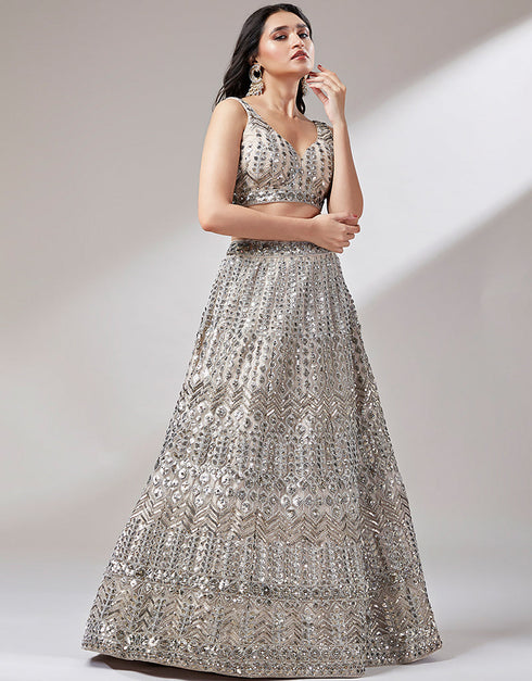 Designer Wedding Party Wear Heavy Lehenga Choli Collection Beige Net Lehenga Choli Back View