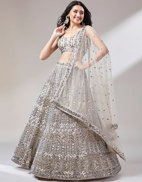 Designer Wedding Party Wear Heavy Lehenga Choli Collection Beige Net Lehenga Choli Front View