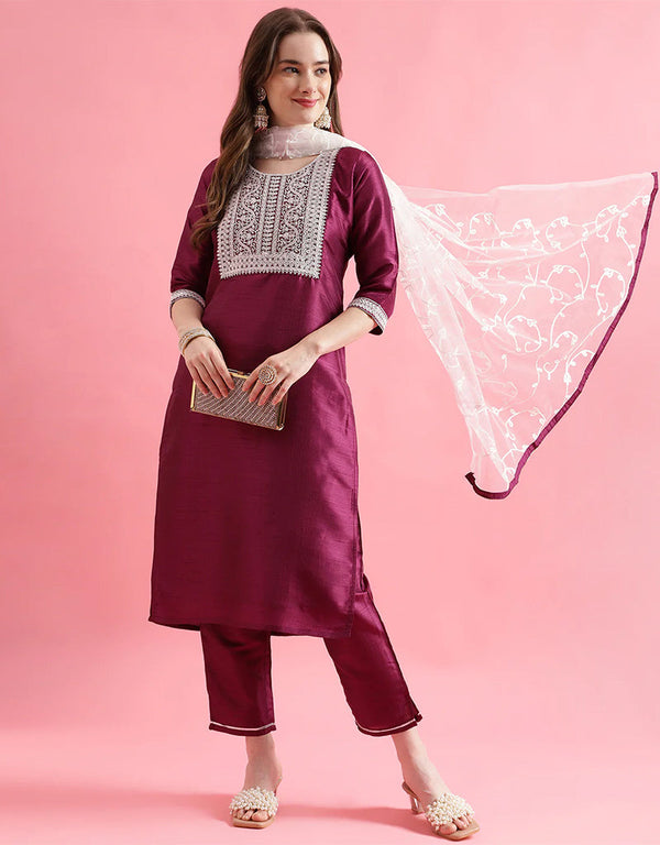 Designer Party Wear Silk Blend Readymade Suit Purple Silk Blend Pant Straight Front View