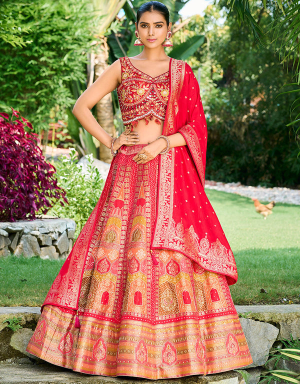 Designer Wedding Party Wear Heavy Readymade Lehenga Choli Collection Multi Art Silk Lehenga Choli Front View
