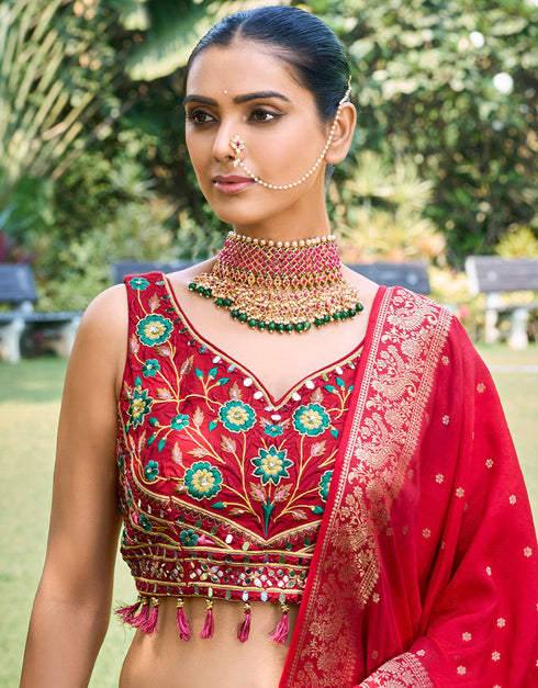 Designer Wedding Party Wear Heavy Readymade Lehenga Choli Collection Multi Art Silk Lehenga Choli Close-up View