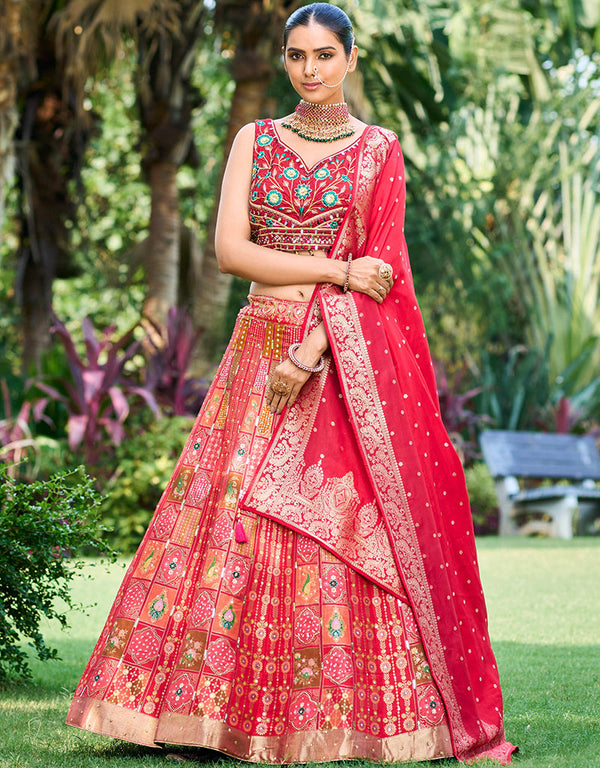 Designer Wedding Party Wear Heavy Readymade Lehenga Choli Collection Multi Art Silk Lehenga Choli Front View