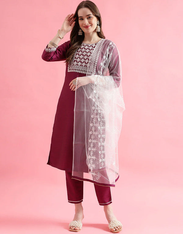 Designer Party Wear Silk Blend Readymade Suit Purple Silk Blend Pant Straight Front View