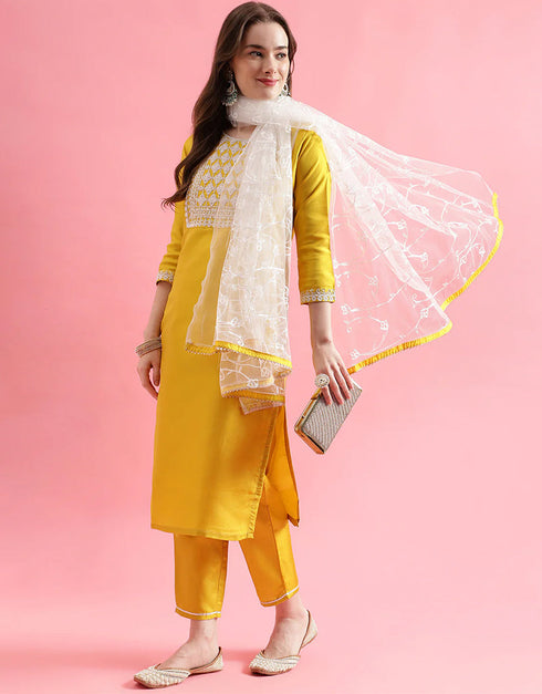 Designer Party Wear Silk Blend Readymade Suit Yellow Silk Blend Pant Straight Close-up View