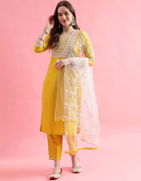 Designer Party Wear Silk Blend Readymade Suit Yellow Silk Blend Pant Straight Front View