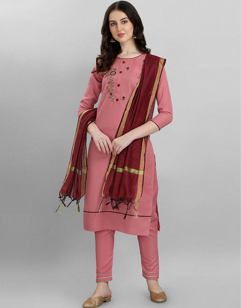 Designer Party Wear Ruby Readymade Suit Light Pink Ruby Cotton Silk Pant Straight Close-up View