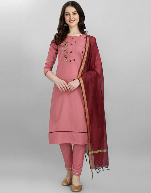 Designer Party Wear Ruby Readymade Suit Light Pink Ruby Cotton Silk Pant Straight Front View