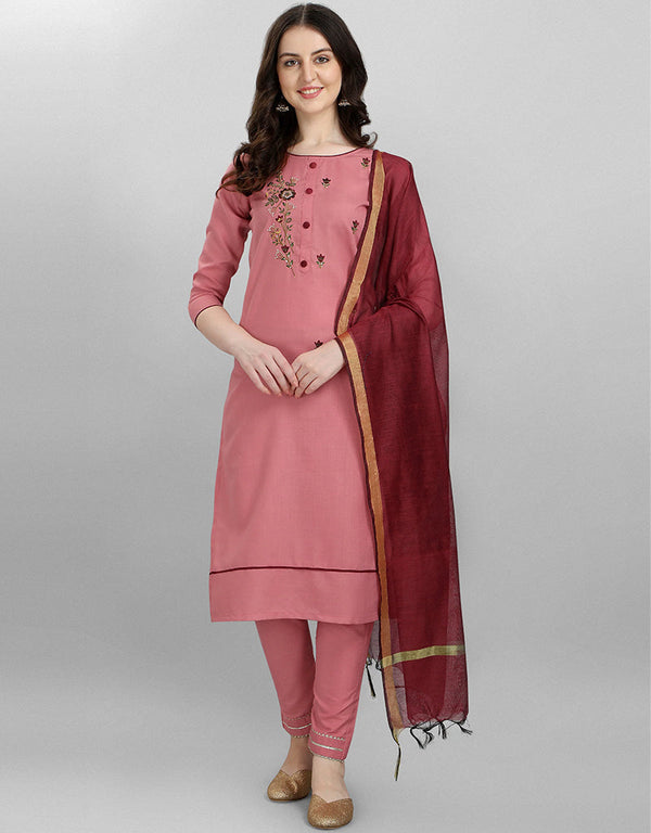 Designer Party Wear Ruby Readymade Suit Light Pink Ruby Cotton Silk Pant Straight Front View