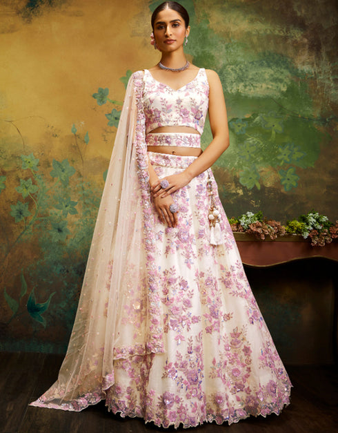 Designer Wedding Party Wear Heavy Lehenga Choli Collection Cream Net Lehenga Choli Front View