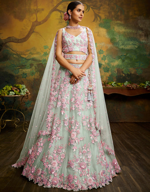 Designer Wedding Party Wear Heavy Lehenga Choli Collection Limegreen Net Lehenga Choli Close-up View