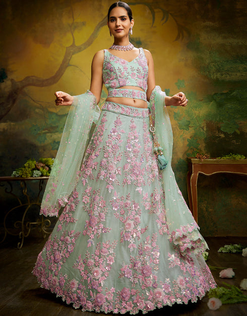 Designer Wedding Party Wear Heavy Lehenga Choli Collection Limegreen Net Lehenga Choli Back View