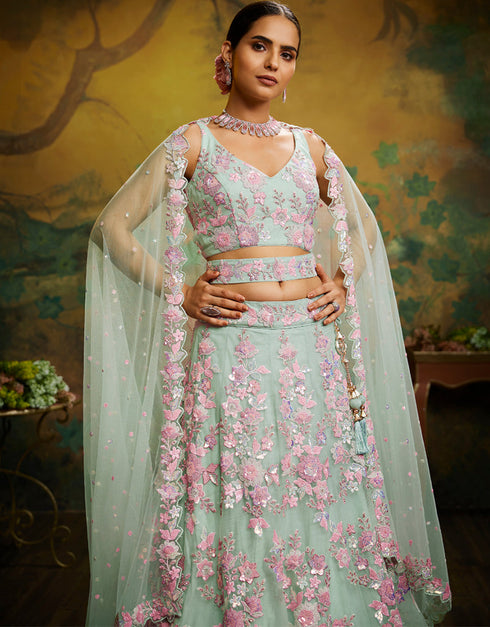 Designer Wedding Party Wear Heavy Lehenga Choli Collection Limegreen Net Lehenga Choli Front View