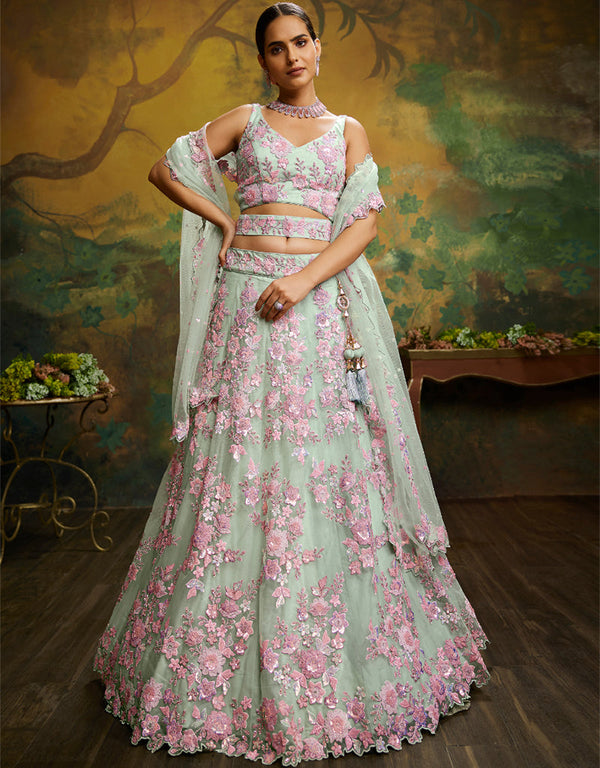 Designer Wedding Party Wear Heavy Lehenga Choli Collection Limegreen Net Lehenga Choli Front View