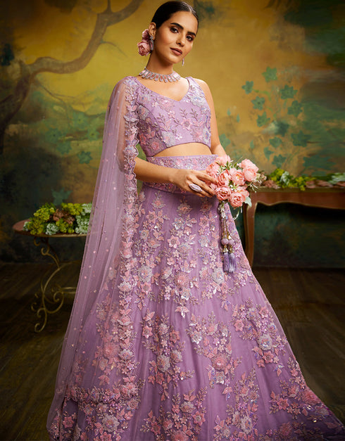 Designer Wedding Party Wear Heavy Lehenga Choli Collection Mauve Net Lehenga Choli Close-up View