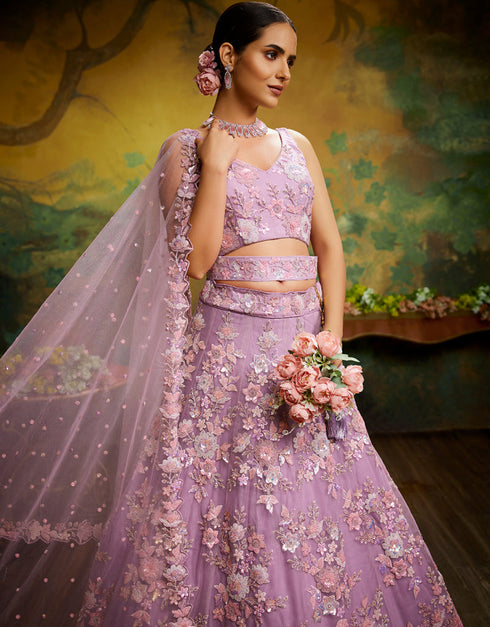 Designer Wedding Party Wear Heavy Lehenga Choli Collection Mauve Net Lehenga Choli Back View