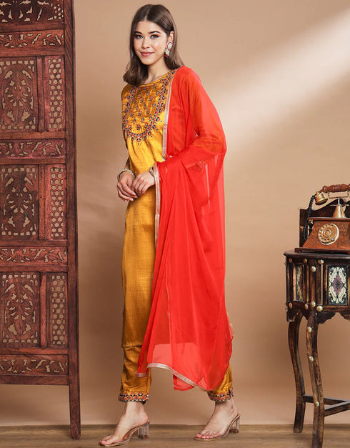 Designer Party Wear Cotton Silk Blend Readymade Suit Mustard Cotton Silk Blend Pant Straight Back View