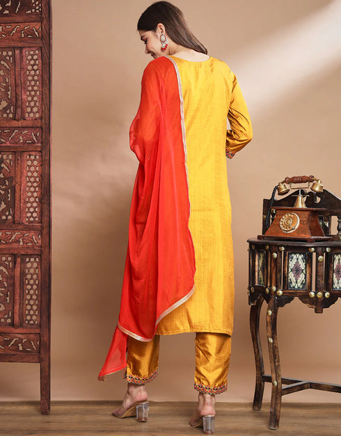 Designer Party Wear Cotton Silk Blend Readymade Suit Mustard Cotton Silk Blend Pant Straight Side View