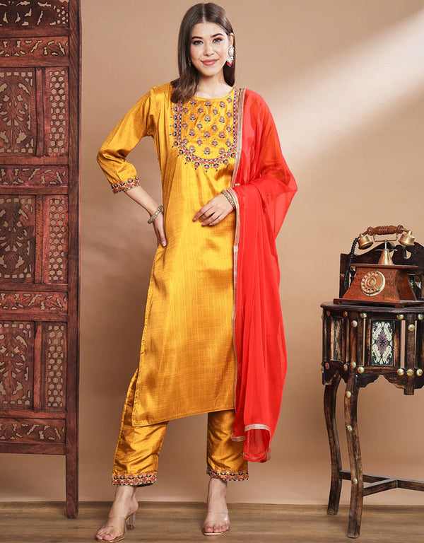 Designer Party Wear Cotton Silk Blend Readymade Suit Mustard Cotton Silk Blend Pant Straight Front View