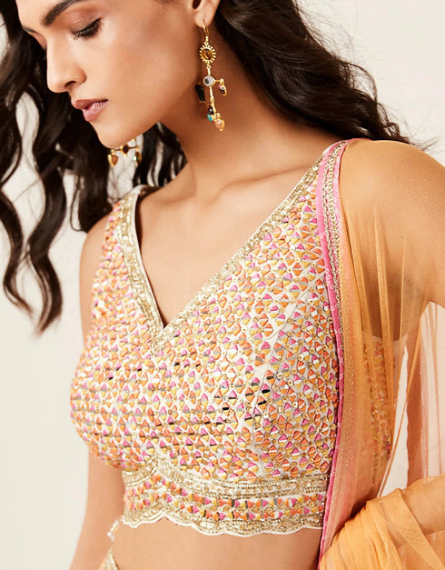 Designer Wedding Party Wear Heavy Readymade Lehenga Choli Collection Multi Dolla Silk Lehenga Choli Close-up View