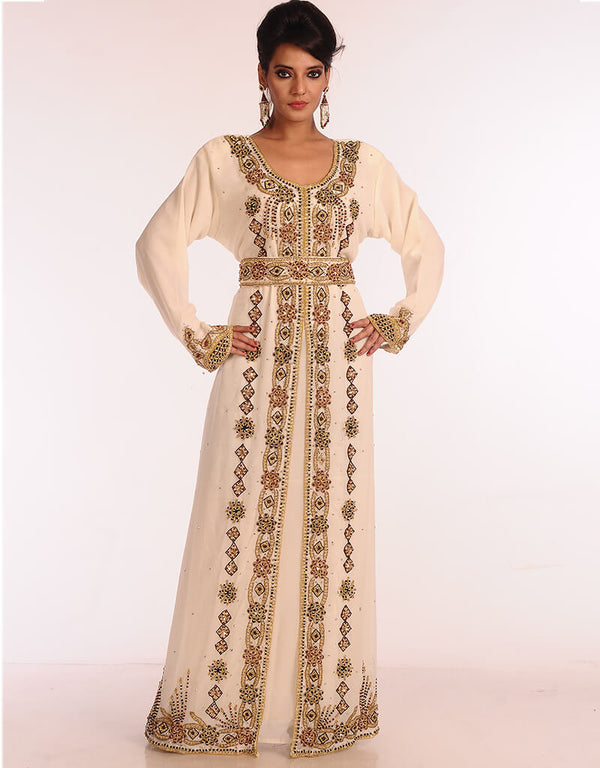 Women Off White Georgette Hand Embroidery Party Wear Kaftan
