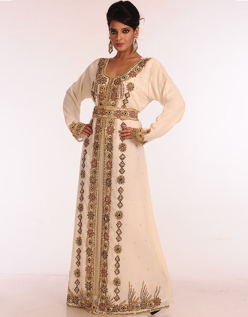 Women Off White Georgette Hand Embroidery Party Wear Kaftan