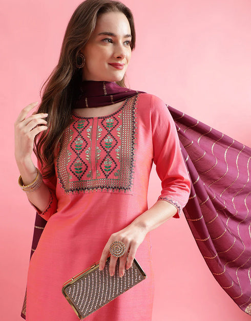 Designer Party Wear Readymade Suit Pink Cotton Silk Blend Pant Straight Side View