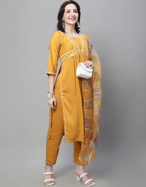 Designer Party Wear Readymade Suit Mustard Cotton Silk Blend Pant Straight Close-up View